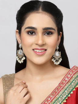 ZENEME - Gold-Plated Mirror Studded Kundan Classic Drop White Pearl Earrings for Women & Girls