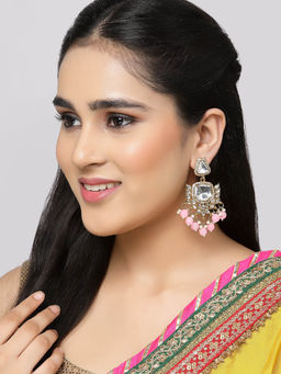 ZENEME - Gold-Plated Mirror Studded Kundan Classic Drop Pink Pearl Earrings for Women & Girls