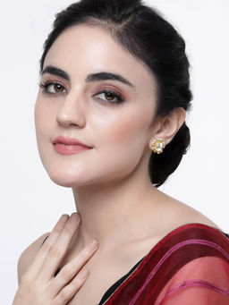 ZENEME - Gold-Plated American Diamond Studded Floral Shaped Stud Earrings for Women