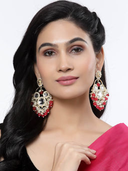 ZENEME - Gold-Plated Kundan & Red Pearls Studded Round Mirror Drop Earrings for Women