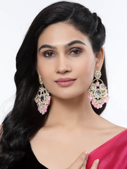ZENEME - Gold-Plated Kundan & Pink Pearls Studded Round Mirror Drop Earrings for Women
