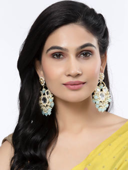 ZENEME - Gold-Plated Kundan & Sea Green Pearls Studded Round Mirror Drop Earrings for Women