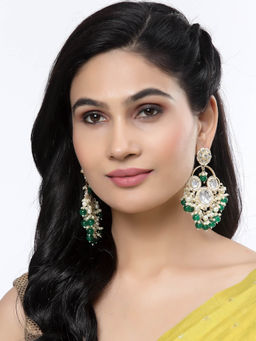 ZENEME - Gold-Plated Kundan & Green Pearls Studded Round Mirror Drop Earrings for Women