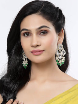 ZENEME - Gold-Plated Kundan & Green Pearls Studded Round Mirror Drop Earrings for Women