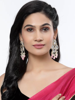 ZENEME - Gold-Plated Kundan & Pink Pearls Studded Round Mirror Drop Earrings for Women