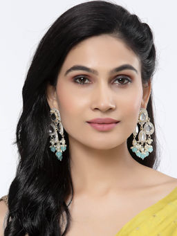 ZENEME - Gold-Plated Kundan & Turquoise Pearls Studded Round Mirror Drop Earrings for Women