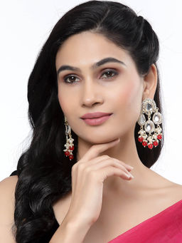 ZENEME - Gold-Plated Kundan & Red Pearls Studded Round Mirror Drop Earrings for Women