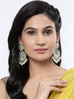 ZENEME - Gold-Plated Kundan & Green Pearls Studded Round Mirror Drop Earrings for Women