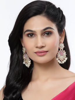 ZENEME - Gold-Plated Kundan & Pink Pearls Studded Round Mirror Drop Earrings for Women