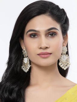 ZENEME - Gold-Plated Kundan & White Pearls Studded Round Mirror Drop Earrings for Women