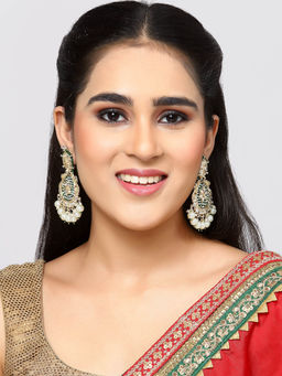 ZENEME - Gold-Plated Kundan & Blue Pearls Studded Round Mirror Drop Earrings for Women