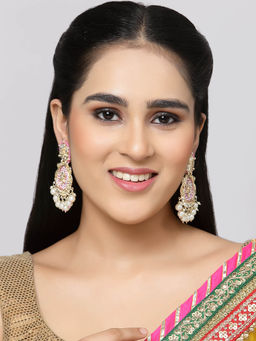 ZENEME - Gold-Plated Kundan & Red Pearls Studded Round Mirror Drop Earrings for Women