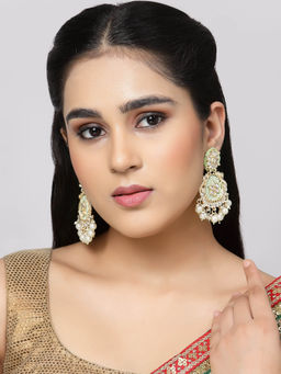 ZENEME - Gold-Plated Kundan & Sea Green Pearls Studded Round Mirror Drop Earrings for Women