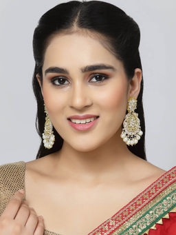 ZENEME - Gold-Plated Kundan & Yellow Pearls Studded Round Mirror Drop Earrings for Women