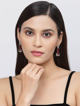 ZENEME - Rhodium-Plated Red American Diamond Studded Geometric Drop Earrings for Women