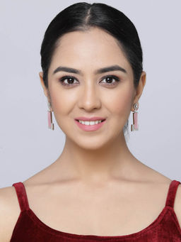 ZENEME - Rhodium-Plated Pink American Diamond Studded Geometric Drop Earrings for Women