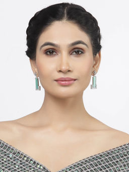 ZENEME - Rhodium-Plated Green American Diamond Studded Geometric Drop Earrings for Women