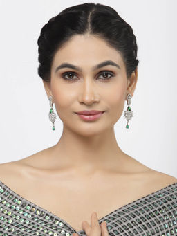 ZENEME - Rhodium-Plated Green American Diamond Studded Spiked Shaped Drop Earrings for Women