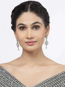 ZENEME - Rhodium-Plated Green American Diamond Studded Spiked Shaped Drop Earrings for Women