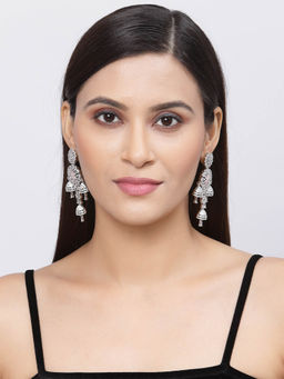 ZENEME - Rhodium-Plated Silver Toned Pink American Diamond Chandelier Earrings for Women