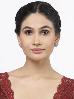 ZENEME - Rhodium-Plated Silver Pink Crystal Ad Studded Floral Shaped Stud Earrings for Women