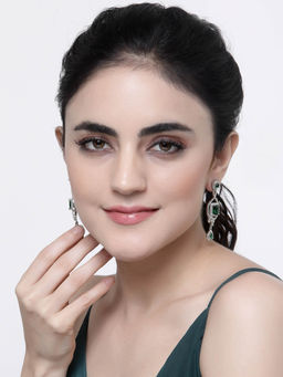 ZENEME - Rhodium-Plated Green American Diamond Crystal Drop Earrings for Women