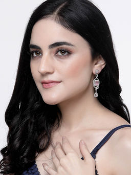 ZENEME - Rhodium-Plated Pink American Diamond Crystal Drop Earrings for Women