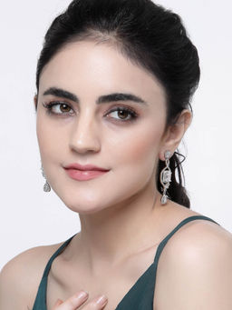 ZENEME - Rhodium-Plated White American Diamond Crystal Drop Earrings for Women