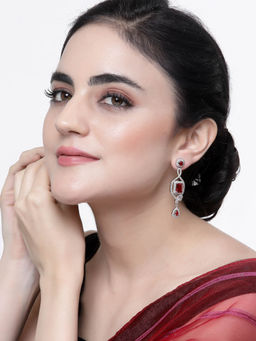 ZENEME - Rhodium-Plated Red American Diamond Crystal Drop Earrings for Women