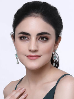 ZENEME - Rhodium-Plated Sea Green American Diamond Crystal Drop Earrings for Women