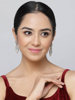 ZENEME - Rhodium-Plated Green American Diamond Studded Contemporary Drop Earrings