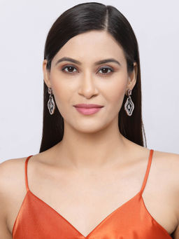 ZENEME - Rose Gold Plated Gunmetal Grey American Diamond Studded Contemporary Drop Earrings