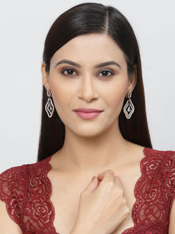 ZENEME - Rose Gold Plated Gunmetal White American Diamond Studded Contemporary Drop Earrings