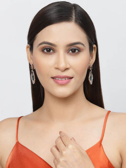 ZENEME - Rose Gold Plated Gunmetal Green American Diamond Studded Contemporary Drop Earrings