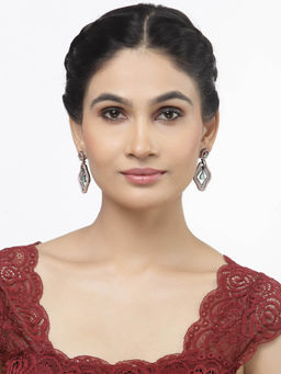 ZENEME - Rose Gold Plated Gunmetal Green American Diamond Studded Contemporary Drop Earrings