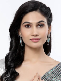 ZENEME - Rhodium-Plated Blue American Diamond Studded Teardrop Shaped Drop Earrings for Women