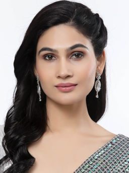 ZENEME - Rhodium-Plated Grey American Diamond Studded Teardrop Shaped Drop Earrings for Women