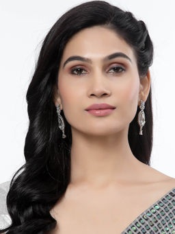 ZENEME - Rhodium-Plated White American Diamond Studded Teardrop Shaped Drop Earrings for Women