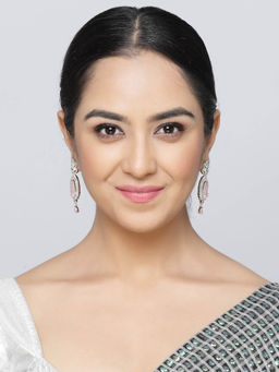 ZENEME - Rhodium-Plated Pink American Diamond Studded Teardrop Shaped Drop Earrings for Women