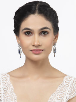 ZENEME - Rhodium-Plated Blue American Diamond Studded Teardrop Shaped Drop Earrings for Women