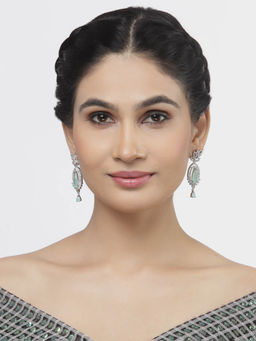 ZENEME - Rhodium-Plated Green American Diamond Studded Teardrop Shaped Drop Earrings for Women