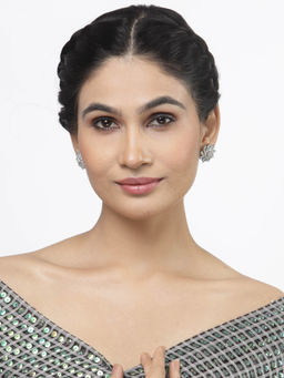 ZENEME - Rhodium-Plated Silver Green Crystal Ad Studded Floral Shaped Stud Earrings for Women