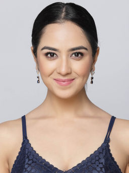 ZENEME - Rhodium Plated Brass Crystal Ad Geometric Drop Contemporary Earrings for Women