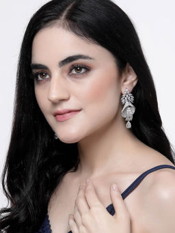 ZENEME - Rhodium-Plated Silver Toned American Diamond Crystal Dangler Earrings for Women