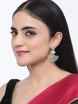 ZENEME - Rhodium-Plated Orange American Diamond Studded Leaf Shaped Drop Earrings for Women