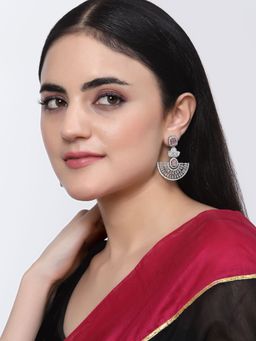 ZENEME - Rhodium-Plated Pink American Diamond Studded Leaf Shaped Drop Earrings for Women