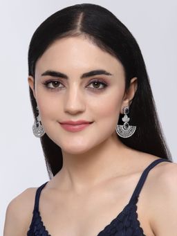 ZENEME - Rhodium-Plated Blue American Diamond Studded Leaf Shaped Drop Earrings for Women