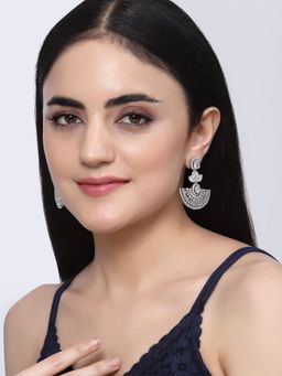 ZENEME - Rhodium-Plated White American Diamond Studded Leaf Shaped Drop Earrings for Women