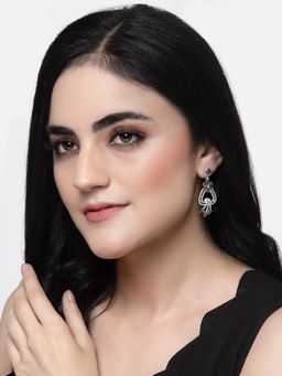 ZENEME - Rhodium-Plated Purple American Diamond Studded Floral Shaped Drop Earrings for Women