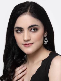 ZENEME - Rhodium-Plated White American Diamond Studded Floral Shaped Drop Earrings for Women